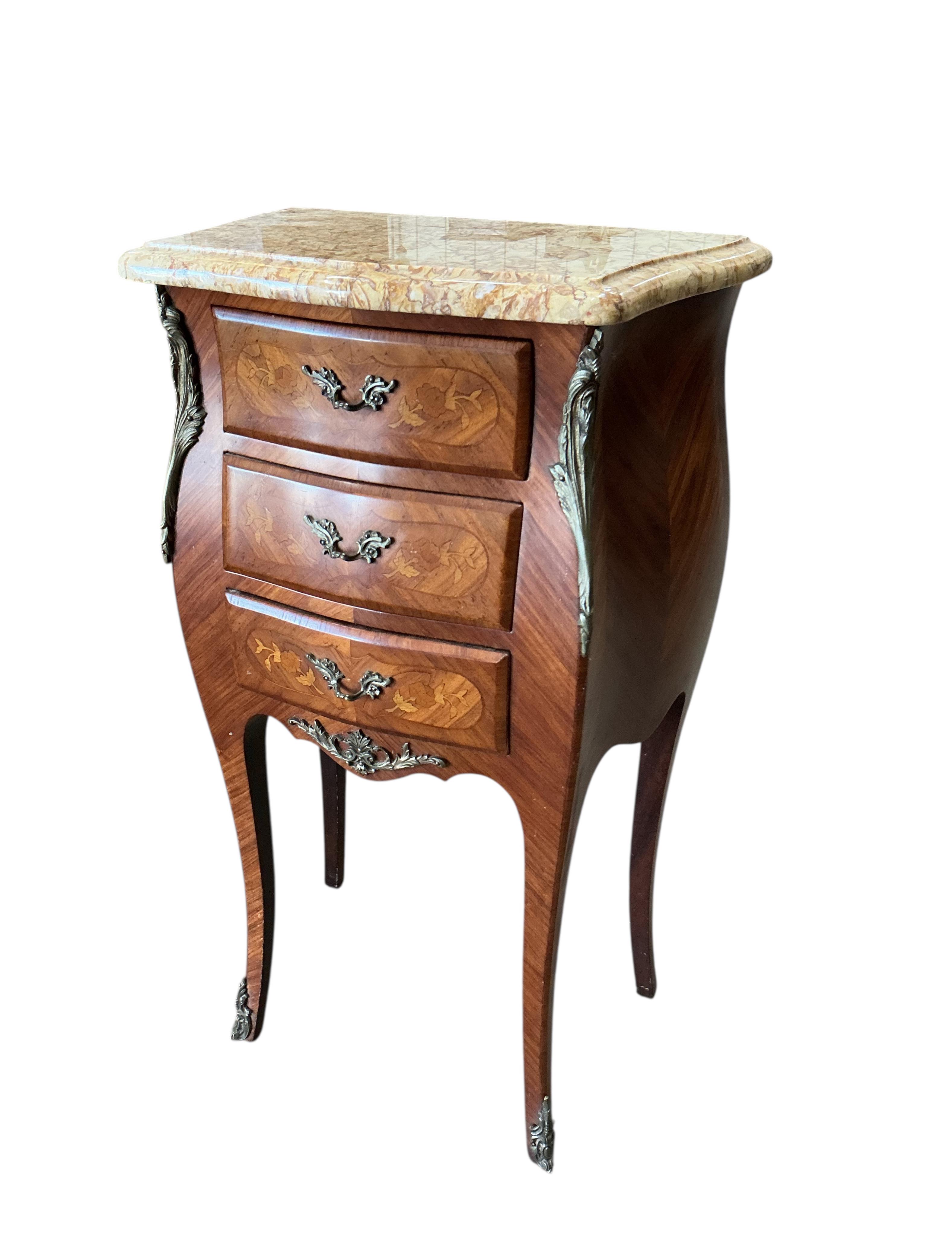 A pair of Louis XVI style marquetry inlaid kingwood marble top bedside chests, width 42cm, depth 27cm, height 73cm
